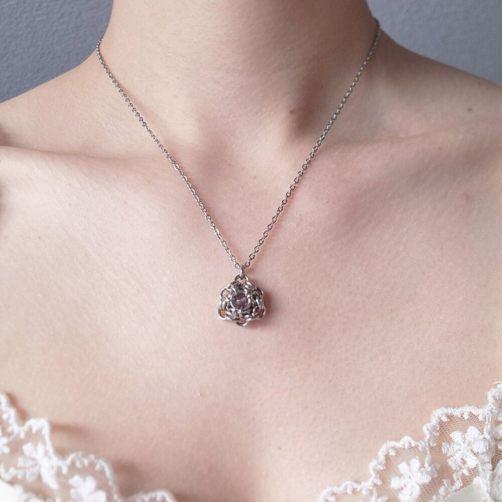 Silver and purple flower necklace with a small silver chain